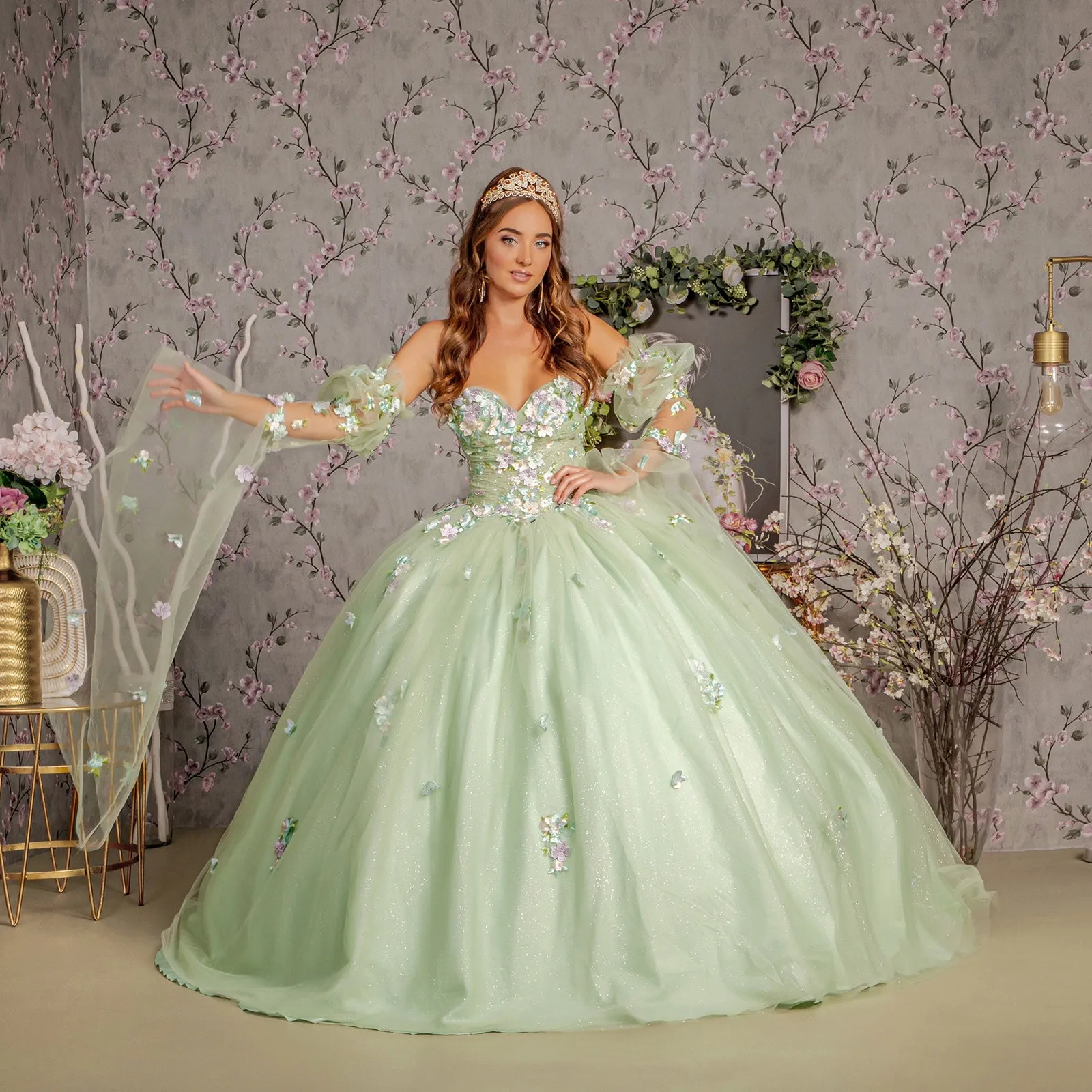 3D Floral Strapless Bell Sleeve Ball Gown by GLS Gloria GL3300