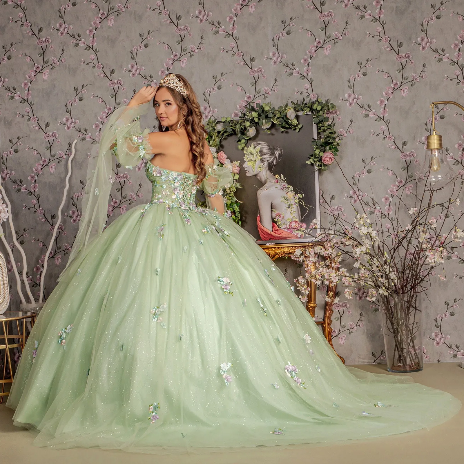 3D Floral Strapless Bell Sleeve Ball Gown by GLS Gloria GL3300