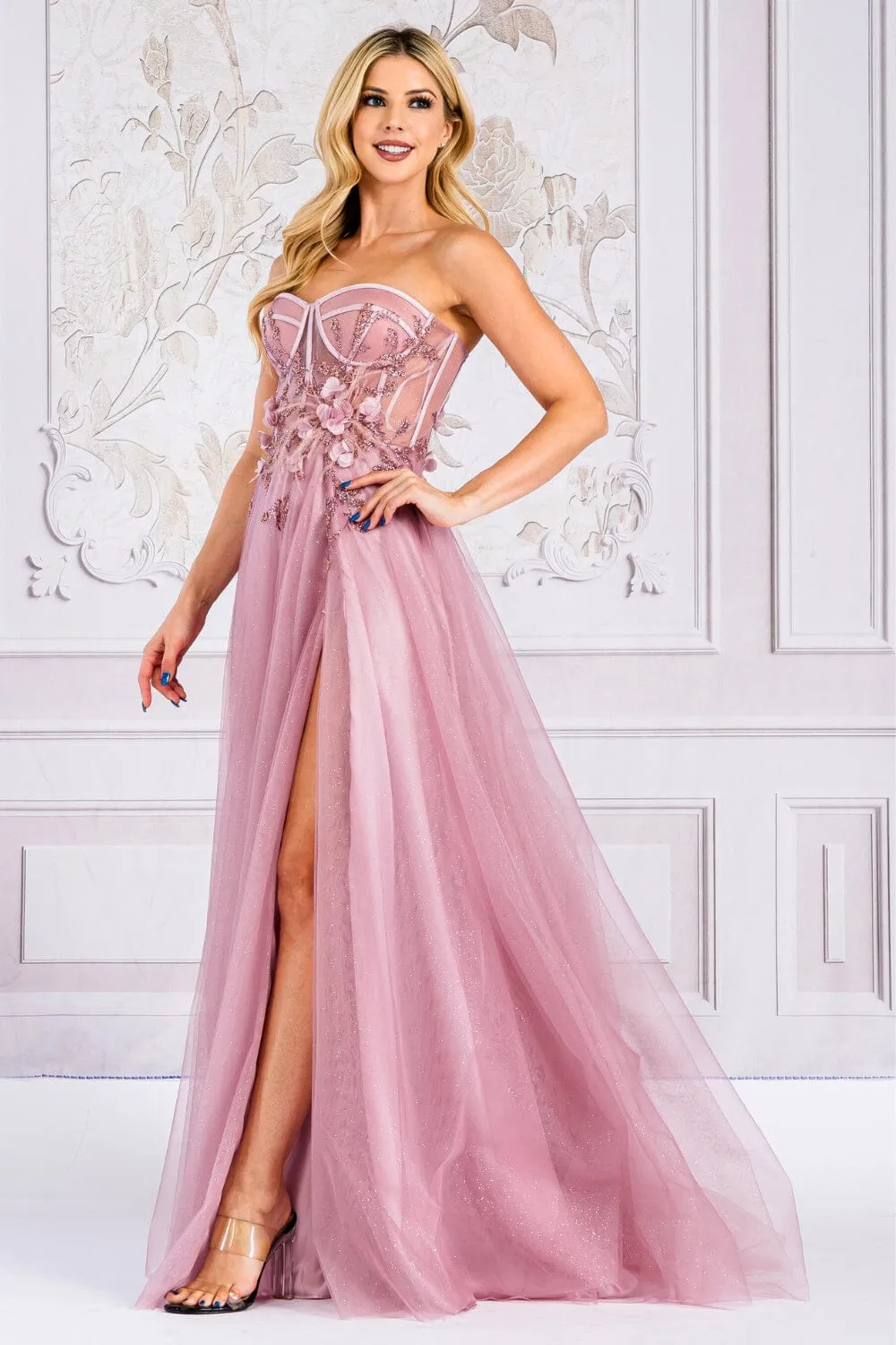 3D Floral Strapless Corset Gown by Amelia Couture TM1015