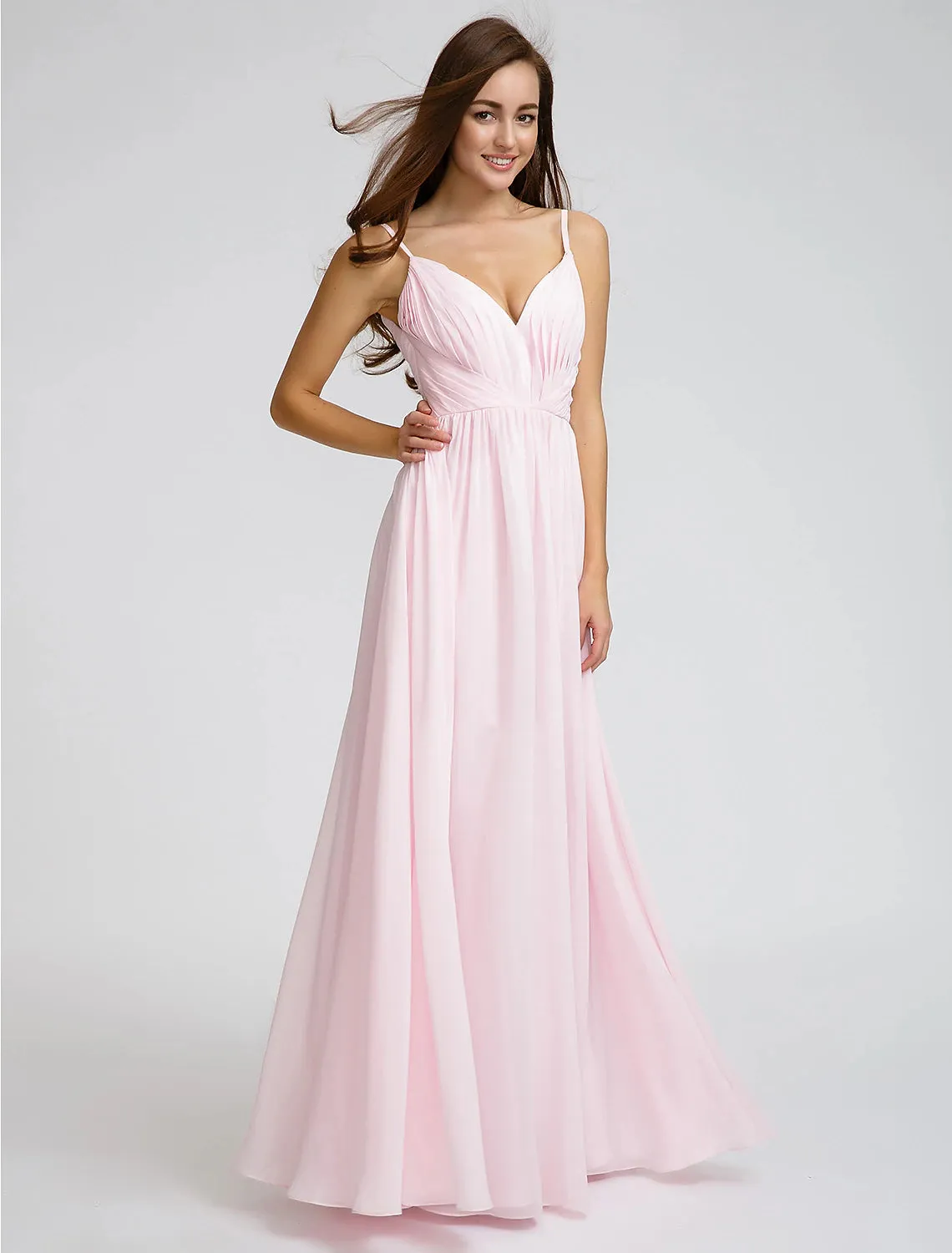 A-Line / Ball Gown Spaghetti Strap Floor Length Chiffon Bridesmaid Dress with Side Draping / Criss Cross
