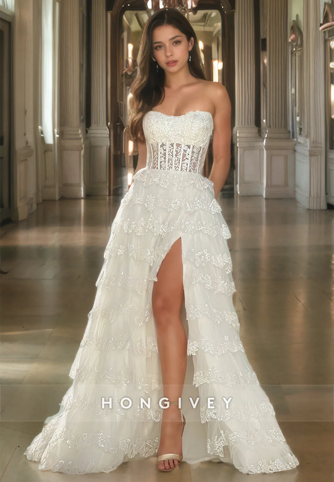 A-Line Strapless Scoop Tiered Lace Prom Dress White Side Slit Formal Pageant Gown