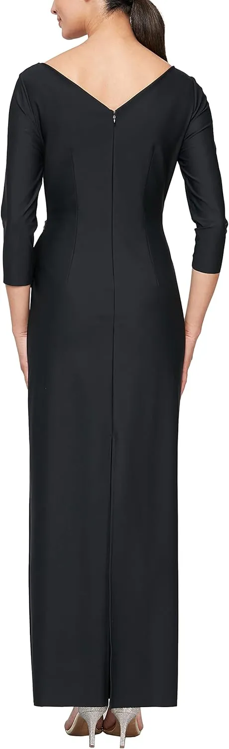 Alex Evenings Women's Slimming Long Length  Sleeve Mother of The Bride Dress with Cascade Ruffle Skirt and Side Ruching