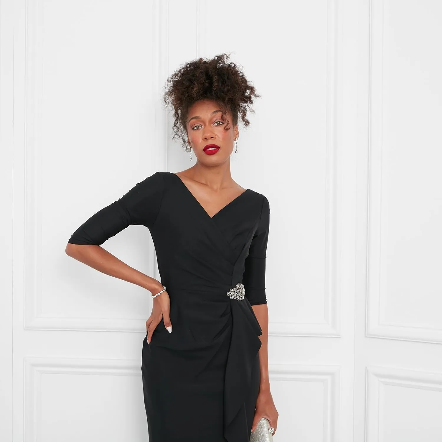 Alex Evenings Women's Slimming Long Length  Sleeve Mother of The Bride Dress with Cascade Ruffle Skirt and Side Ruching