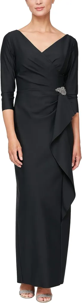 Alex Evenings Women's Slimming Long Length  Sleeve Mother of The Bride Dress with Cascade Ruffle Skirt and Side Ruching