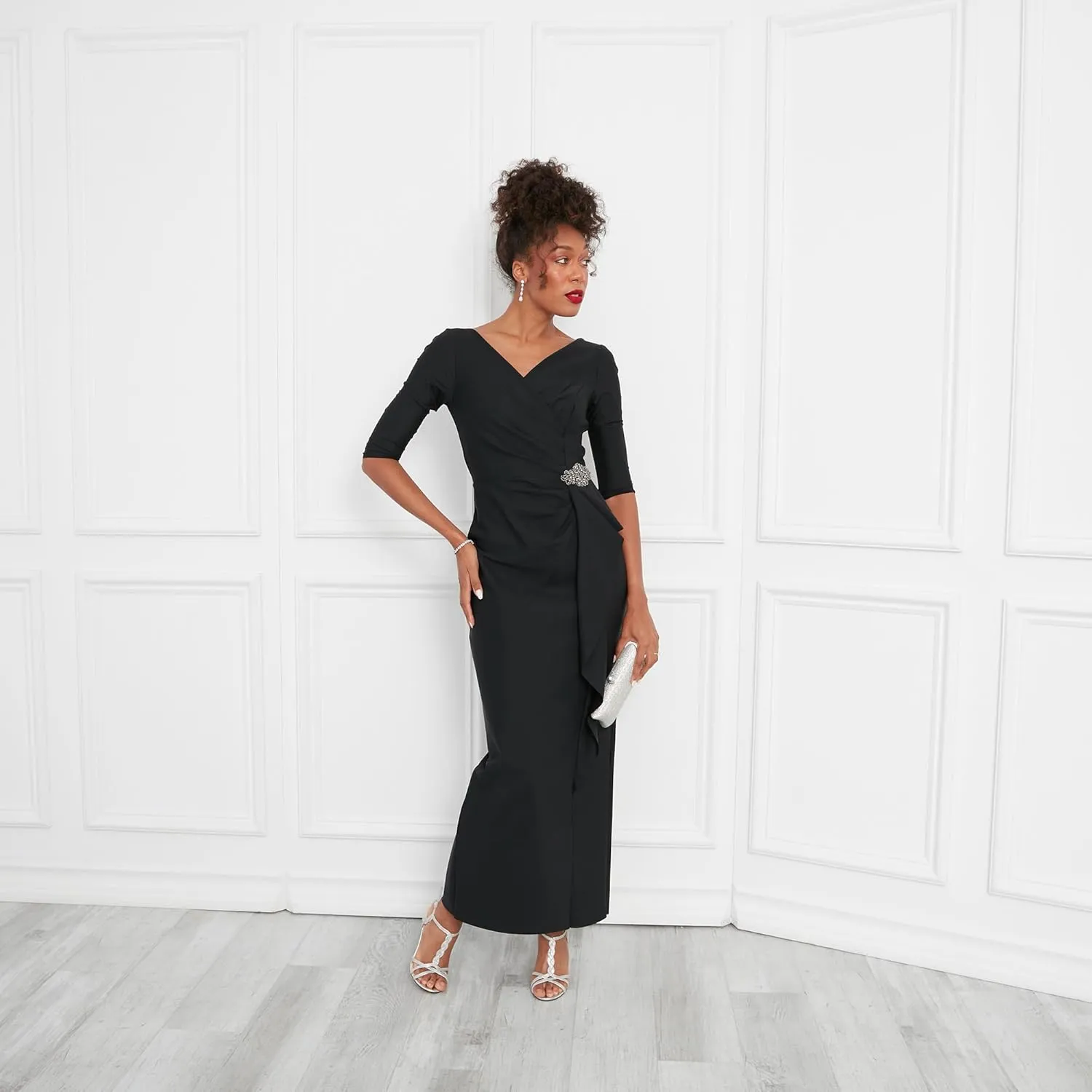 Alex Evenings Women's Slimming Long Length  Sleeve Mother of The Bride Dress with Cascade Ruffle Skirt and Side Ruching