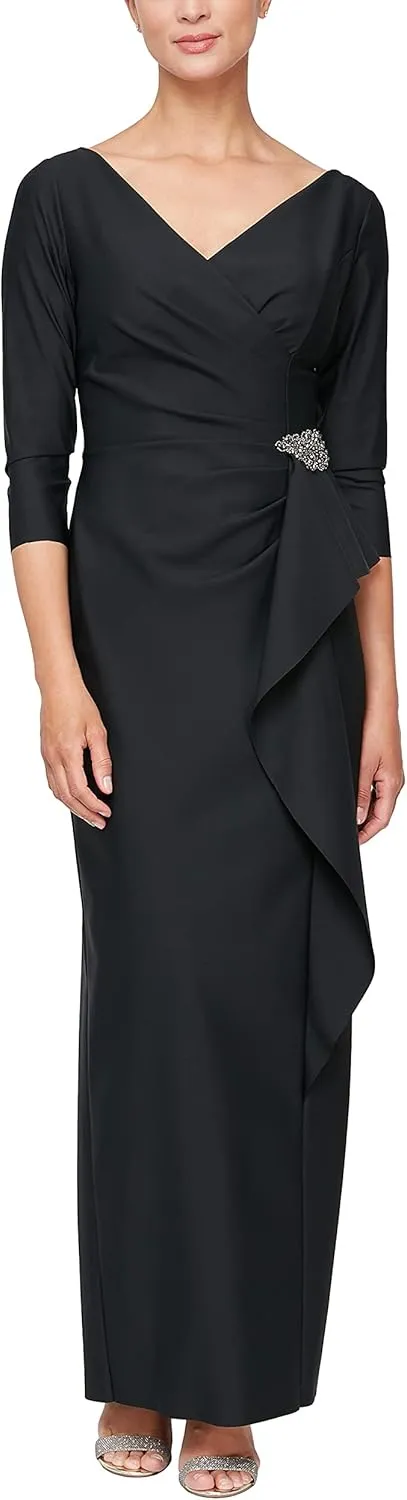 Alex Evenings Women's Slimming Long Length  Sleeve Mother of The Bride Dress with Cascade Ruffle Skirt and Side Ruching