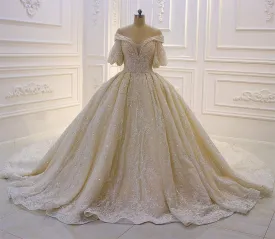 AM198 Off Shoulder Luxury Crystal Champagne Puff Sleeve Wedding Dress