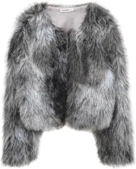 Amazhiyu Women's Faux Fur Cropped Coat Pockets Long Sleeve Open Front Winter Jacket
