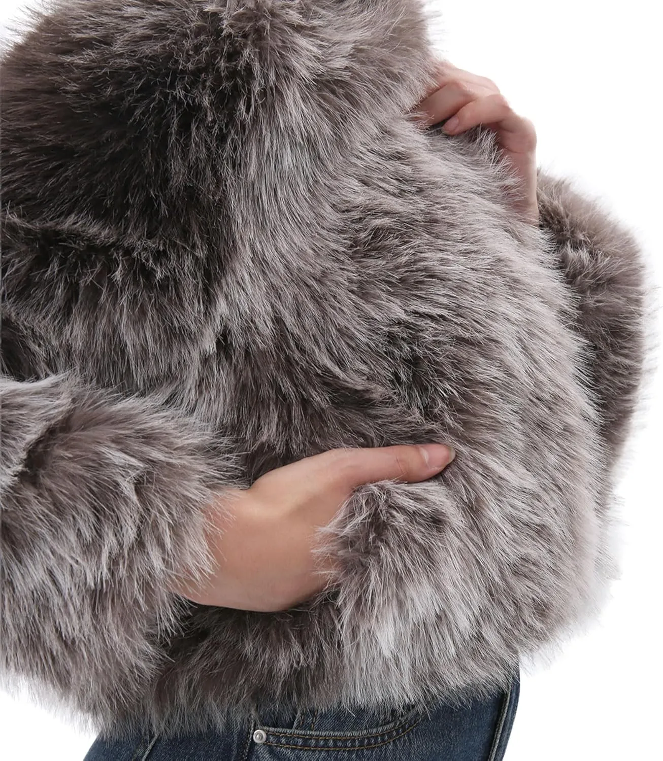 Amazhiyu Women's Faux Fur Cropped Coat Pockets Long Sleeve Open Front Winter Jacket