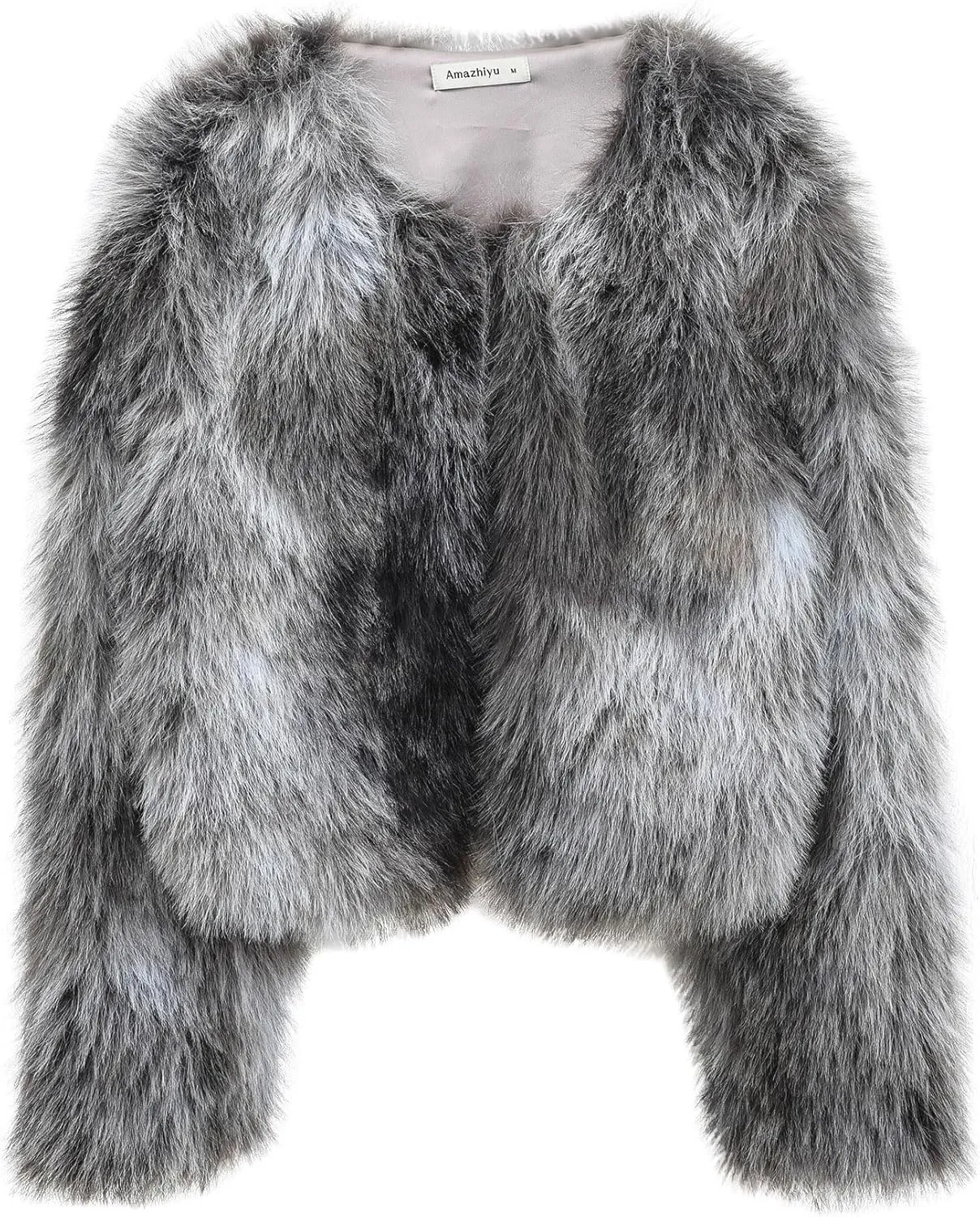 Amazhiyu Women's Faux Fur Cropped Coat Pockets Long Sleeve Open Front Winter Jacket