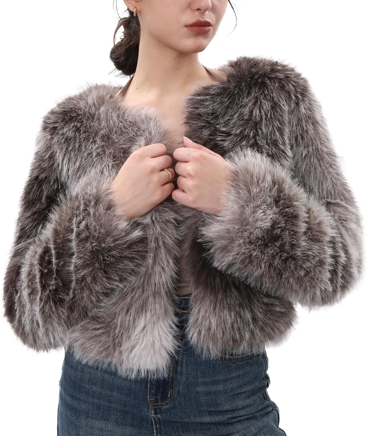 Amazhiyu Women's Faux Fur Cropped Coat Pockets Long Sleeve Open Front Winter Jacket
