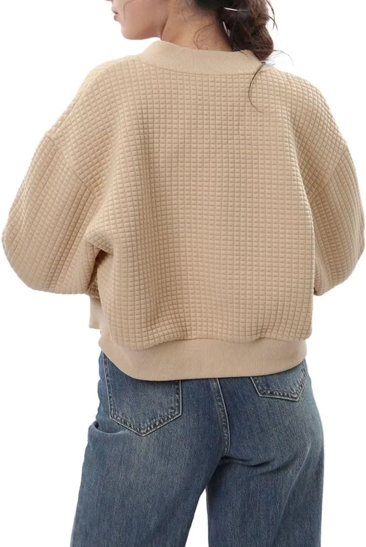 Amazhiyu Women's Quilted Cropped Bomber Jacket Long Sleeve Waffle Autumn Coat