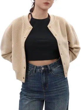 Amazhiyu Women's Quilted Cropped Bomber Jacket Long Sleeve Waffle Autumn Coat