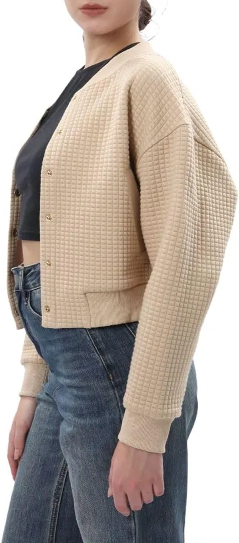 Amazhiyu Women's Quilted Cropped Bomber Jacket Long Sleeve Waffle Autumn Coat
