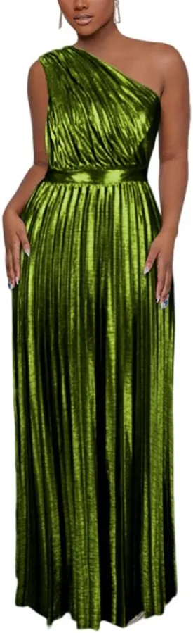AOMEI Women's Luxury Metallic One Shoulder Sleeveless Elegant Pleated Long Dress