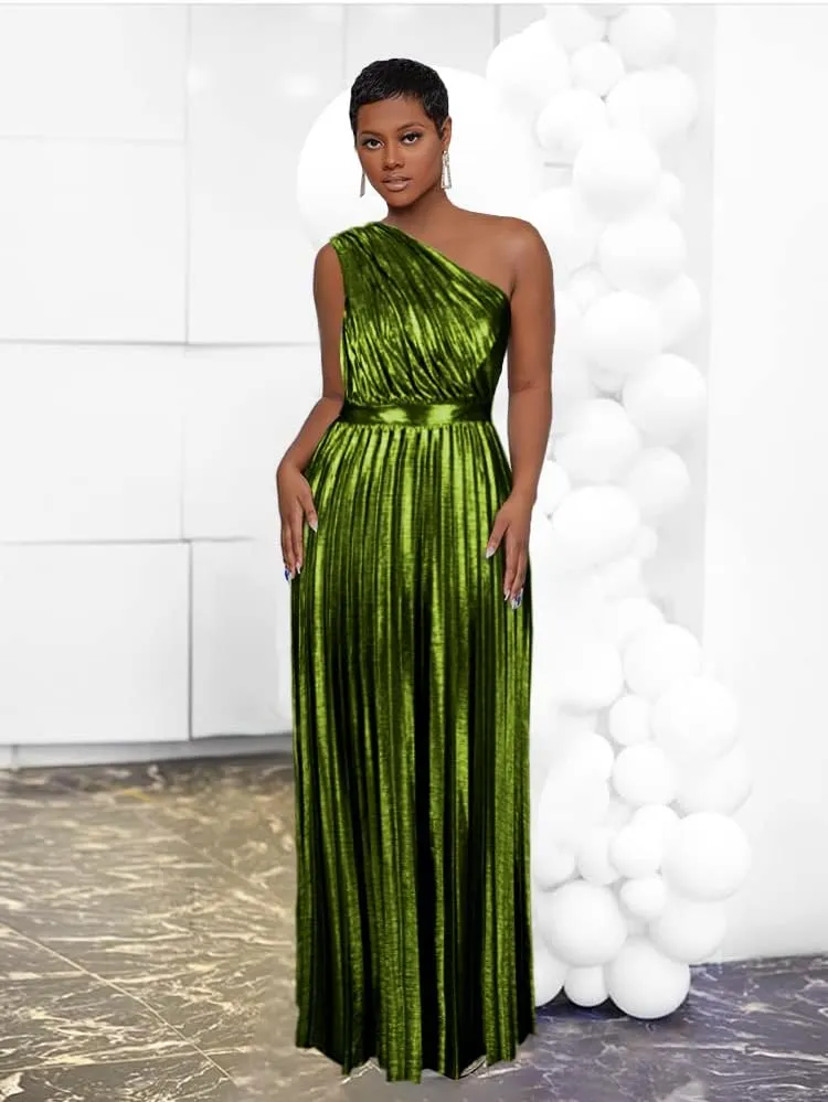 AOMEI Women's Luxury Metallic One Shoulder Sleeveless Elegant Pleated Long Dress