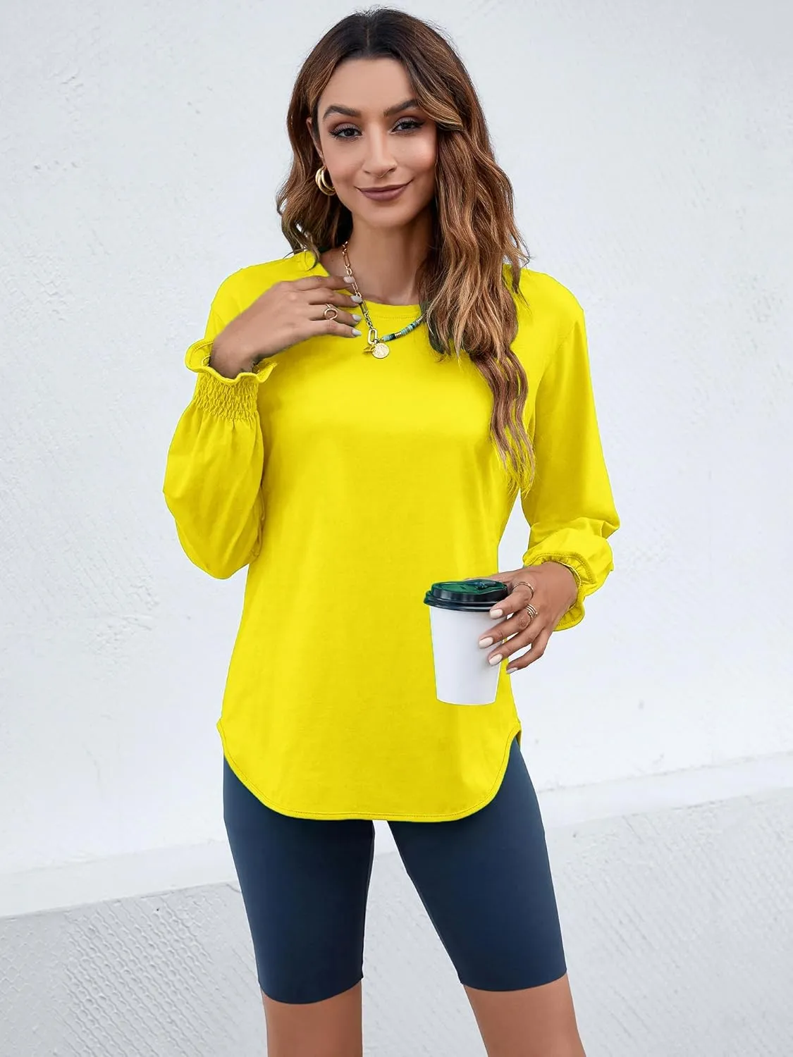 Atnlewhi Womens Puff Long Sleeve T Shirts Casual Crew Neck Basic Pullover Tee Tops Blouses