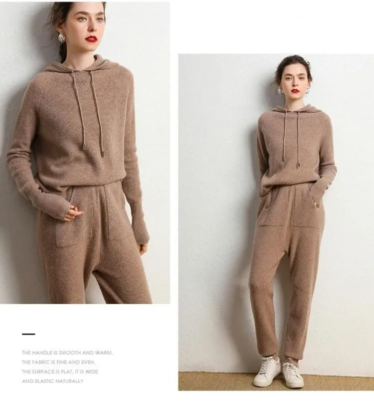 Autumn and Winter Women's Cashmere Hooded Sweater(Pants Not Included)