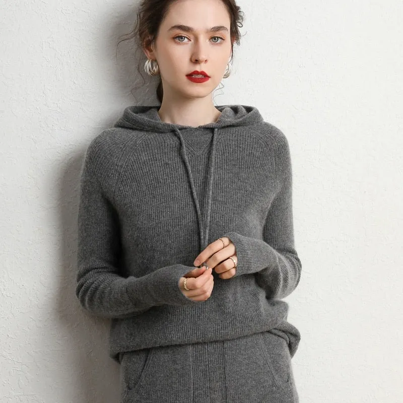 Autumn and Winter Women's Cashmere Hooded Sweater(Pants Not Included)
