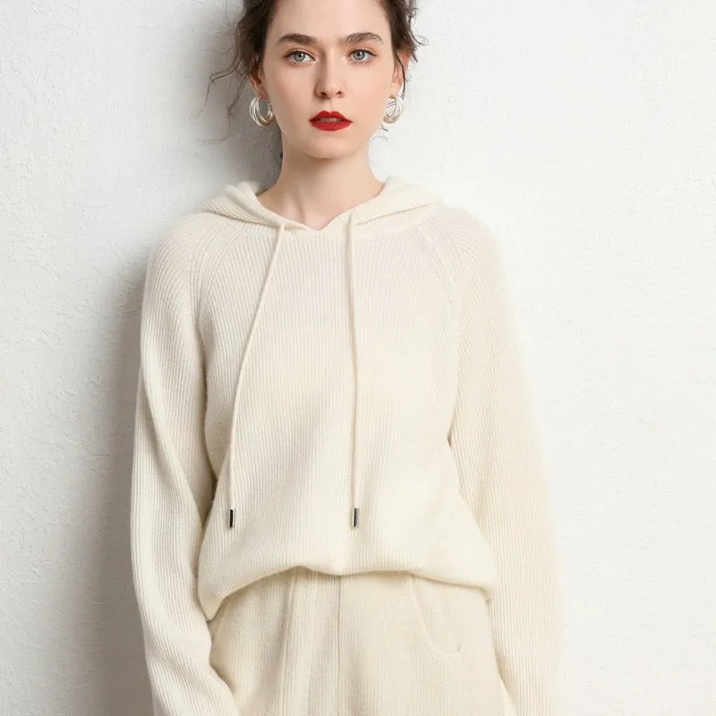 Autumn and Winter Women's Cashmere Hooded Sweater(Pants Not Included)