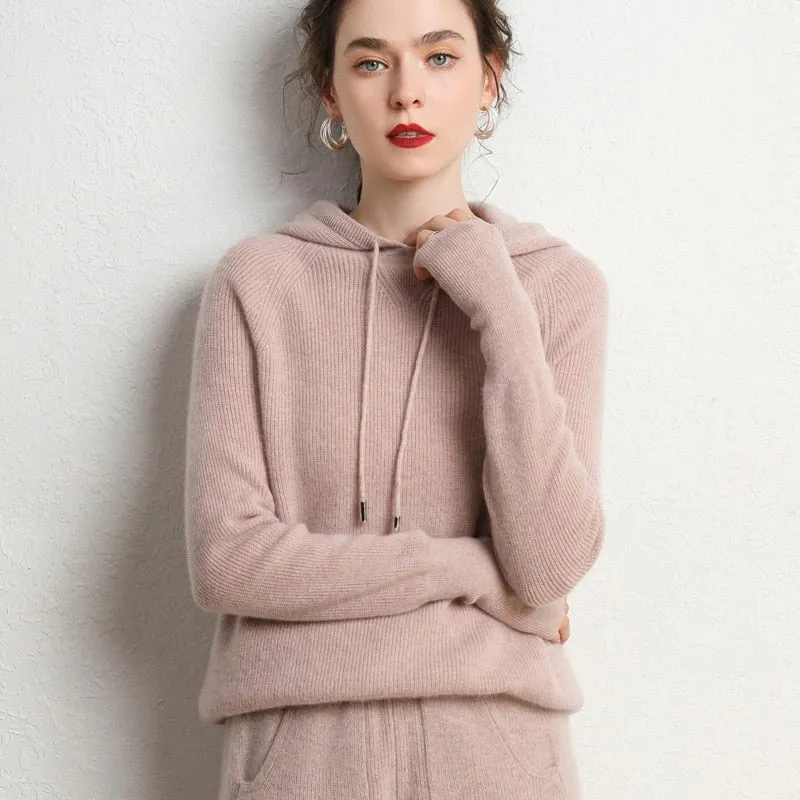 Autumn and Winter Women's Cashmere Hooded Sweater(Pants Not Included)
