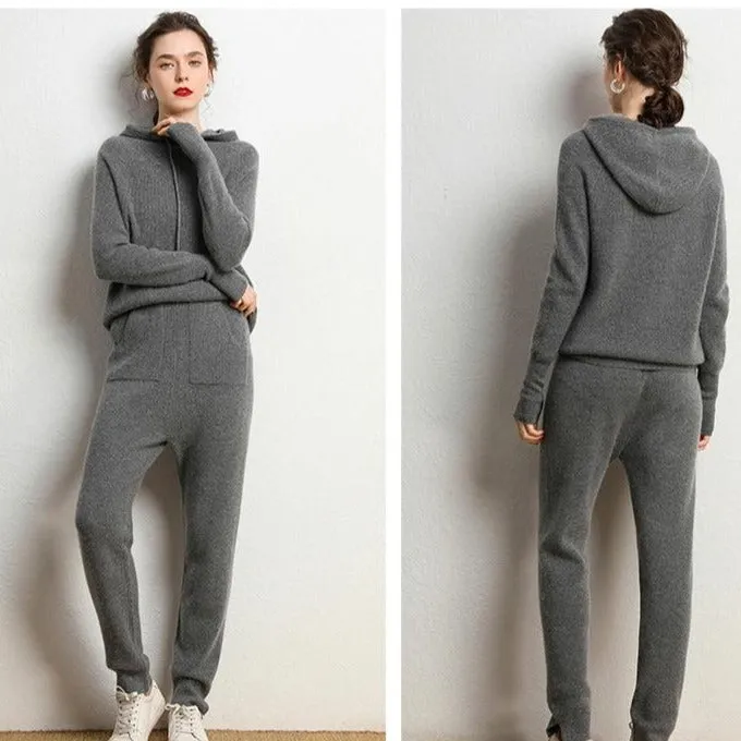 Autumn and Winter Women's Cashmere Hooded Sweater(Pants Not Included)