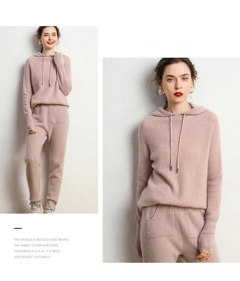Autumn and Winter Women's Cashmere Hooded Sweater(Pants Not Included)