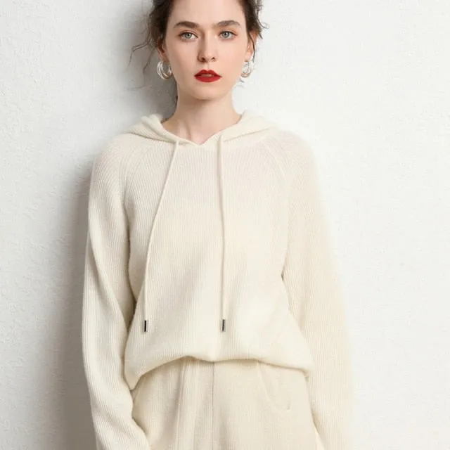 Autumn and Winter Women's Cashmere Hooded Sweater(Pants Not Included)