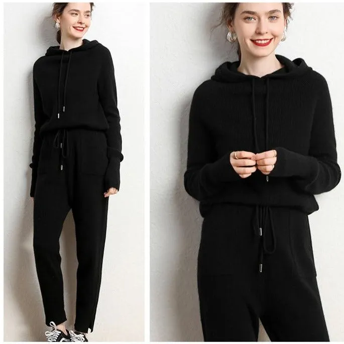 Autumn and Winter Women's Cashmere Hooded Sweater(Pants Not Included)