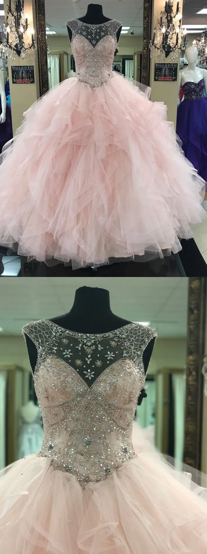 Ball-Gown Scoop-Neck Chapel Train Tulle Beaded Quinceanera Dresses 2859