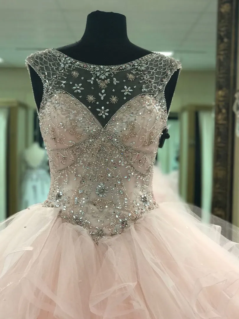 Ball-Gown Scoop-Neck Chapel Train Tulle Beaded Quinceanera Dresses 2859