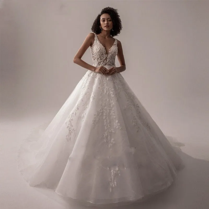 Ball Gown Tulle Lace Boho Wedding Gown WD4003