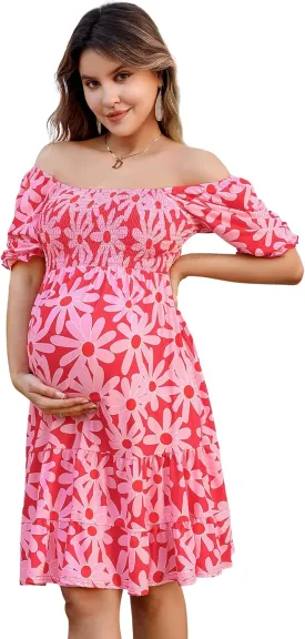 BeautyNee Floral Print Maternity Dress Short Puff Sleeve Square Neck Ruffle Hem Casual Swing Pregnancy Dresses