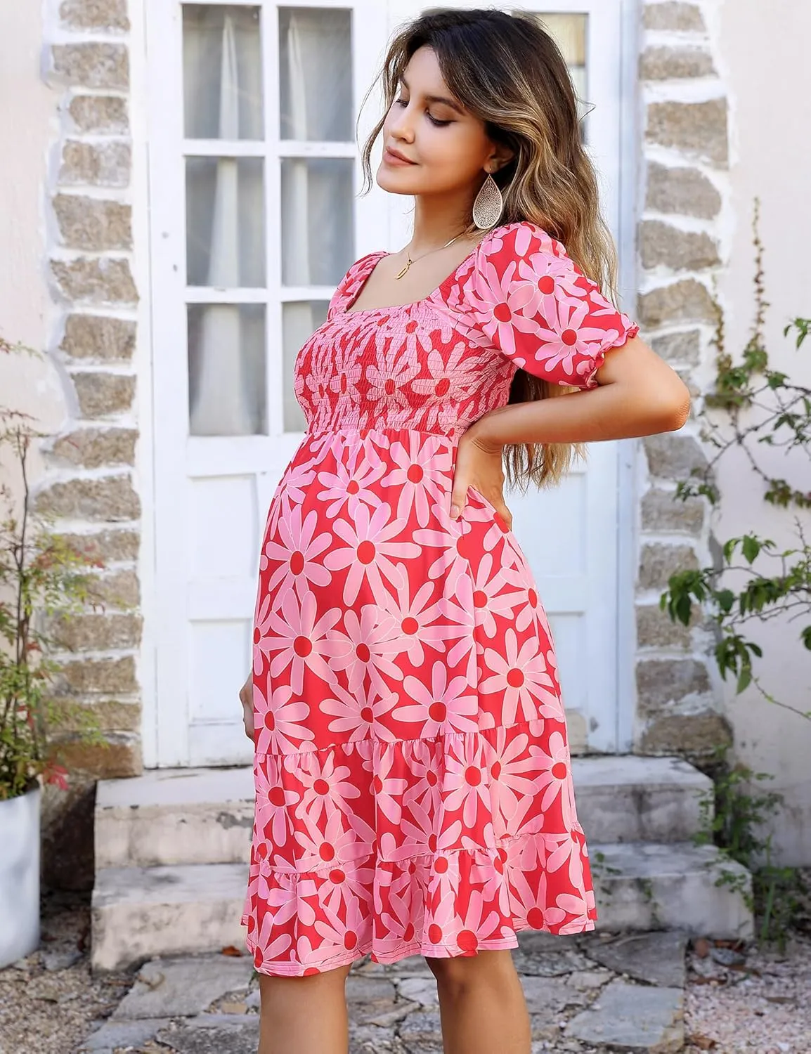 BeautyNee Floral Print Maternity Dress Short Puff Sleeve Square Neck Ruffle Hem Casual Swing Pregnancy Dresses