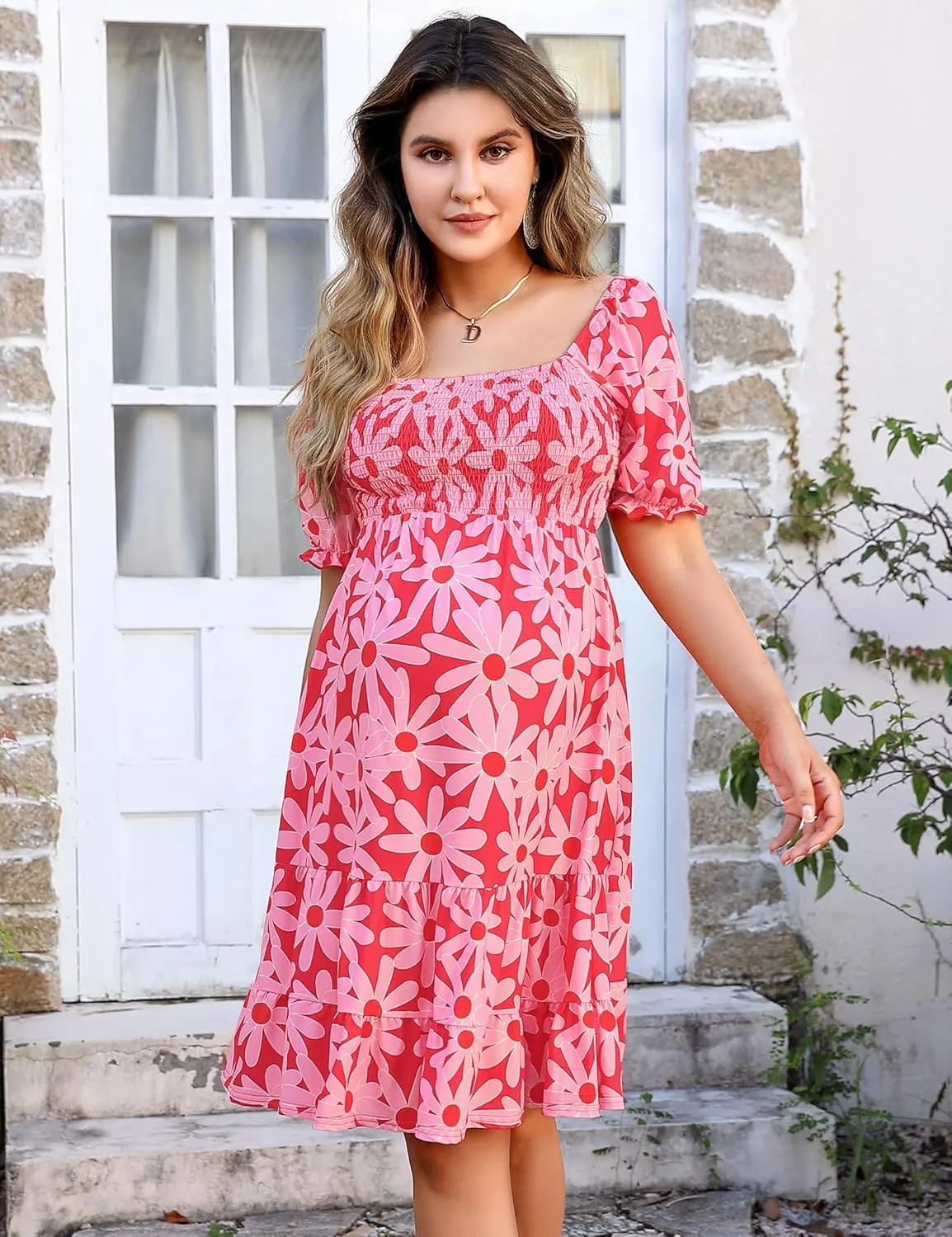 BeautyNee Floral Print Maternity Dress Short Puff Sleeve Square Neck Ruffle Hem Casual Swing Pregnancy Dresses