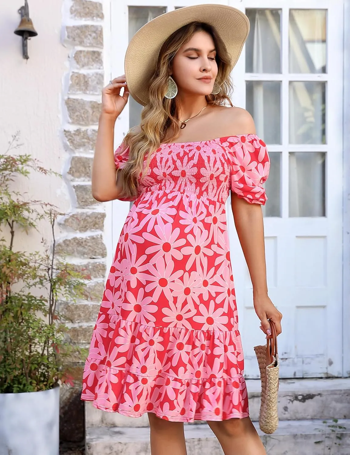 BeautyNee Floral Print Maternity Dress Short Puff Sleeve Square Neck Ruffle Hem Casual Swing Pregnancy Dresses