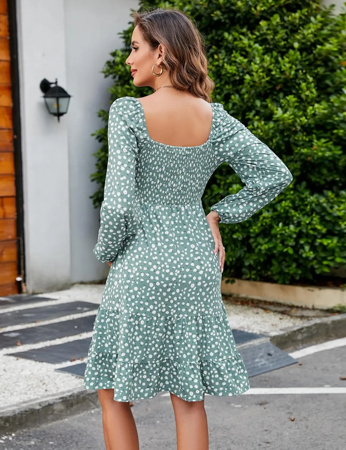 BeautyNee Floral Print Maternity Dress Short Puff Sleeve Square Neck Ruffle Hem Casual Swing Pregnancy Dresses