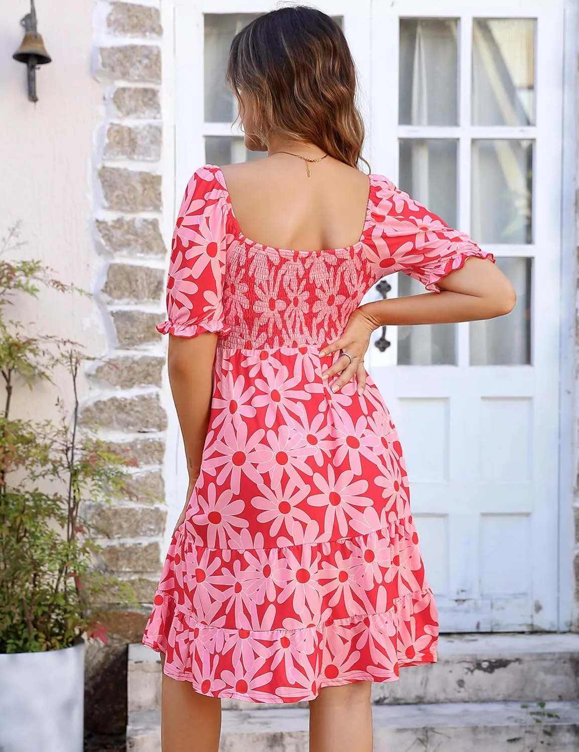 BeautyNee Floral Print Maternity Dress Short Puff Sleeve Square Neck Ruffle Hem Casual Swing Pregnancy Dresses