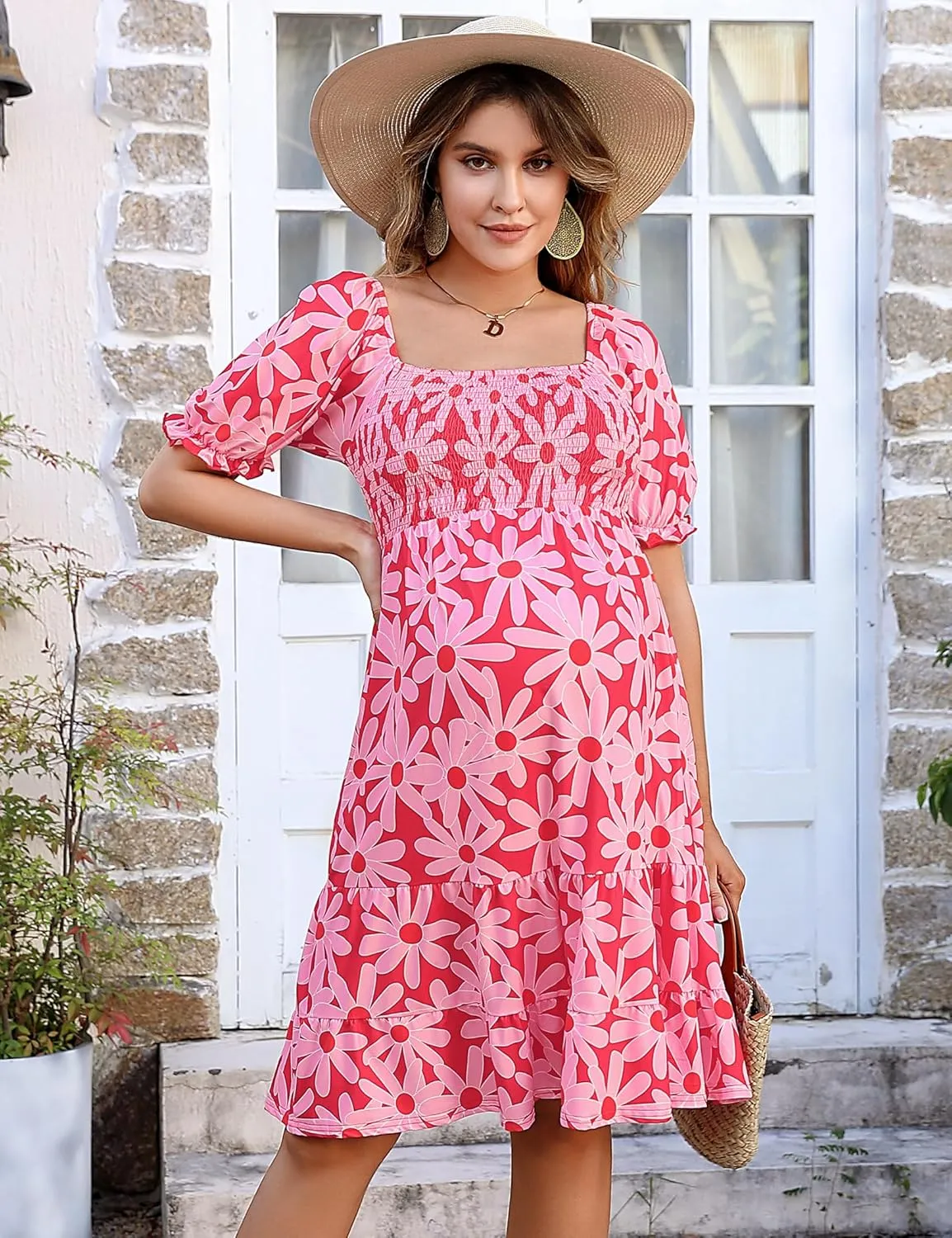 BeautyNee Floral Print Maternity Dress Short Puff Sleeve Square Neck Ruffle Hem Casual Swing Pregnancy Dresses