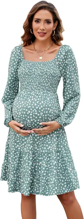 BeautyNee Floral Print Maternity Dress Short Puff Sleeve Square Neck Ruffle Hem Casual Swing Pregnancy Dresses