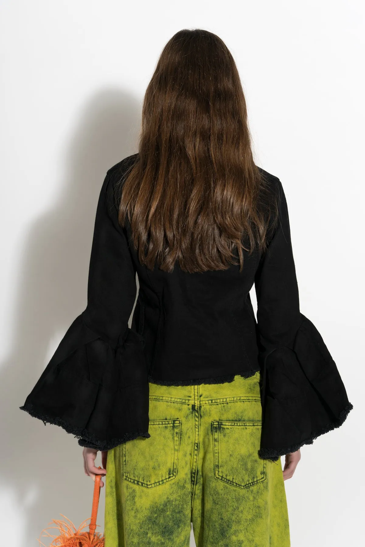 BLACK DENIM CLASSIC FITTED JACKET WITH BELL SLEEVES