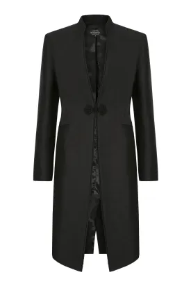 Black Dress Coat in Summer Brocade with Cord Trim and Frogging - Vicky