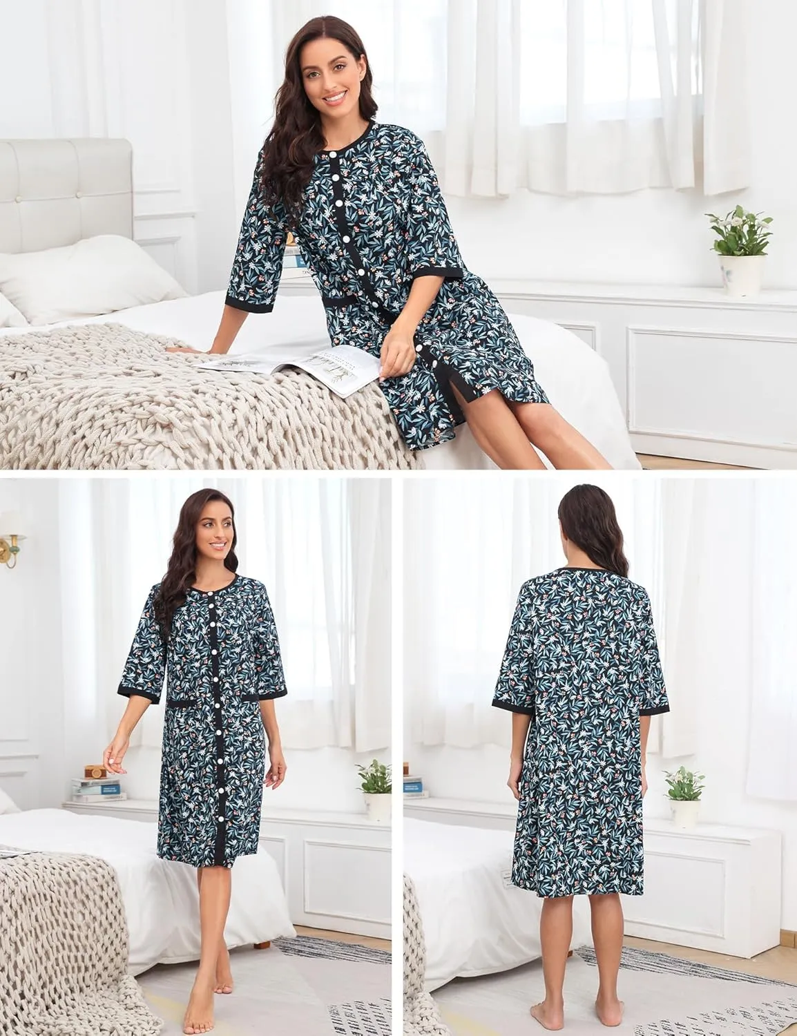 Bloggerlove House Dress Women Cotton Snap Front Nightgown 3/4 Sleeve Housecoat Duster Robe with Pockets Moomoo Patio Dress