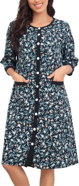 Bloggerlove House Dress Women Cotton Snap Front Nightgown 3/4 Sleeve Housecoat Duster Robe with Pockets Moomoo Patio Dress