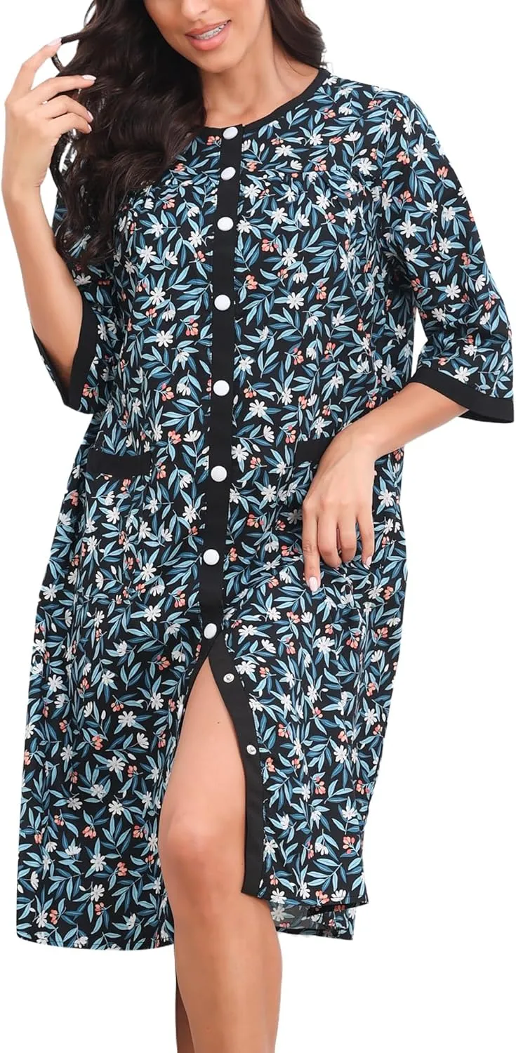 Bloggerlove House Dress Women Cotton Snap Front Nightgown 3/4 Sleeve Housecoat Duster Robe with Pockets Moomoo Patio Dress