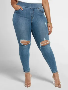 Blowout Knee Jeggings in Medium Blue Wash - Short Inseam in Medium Blue Wash