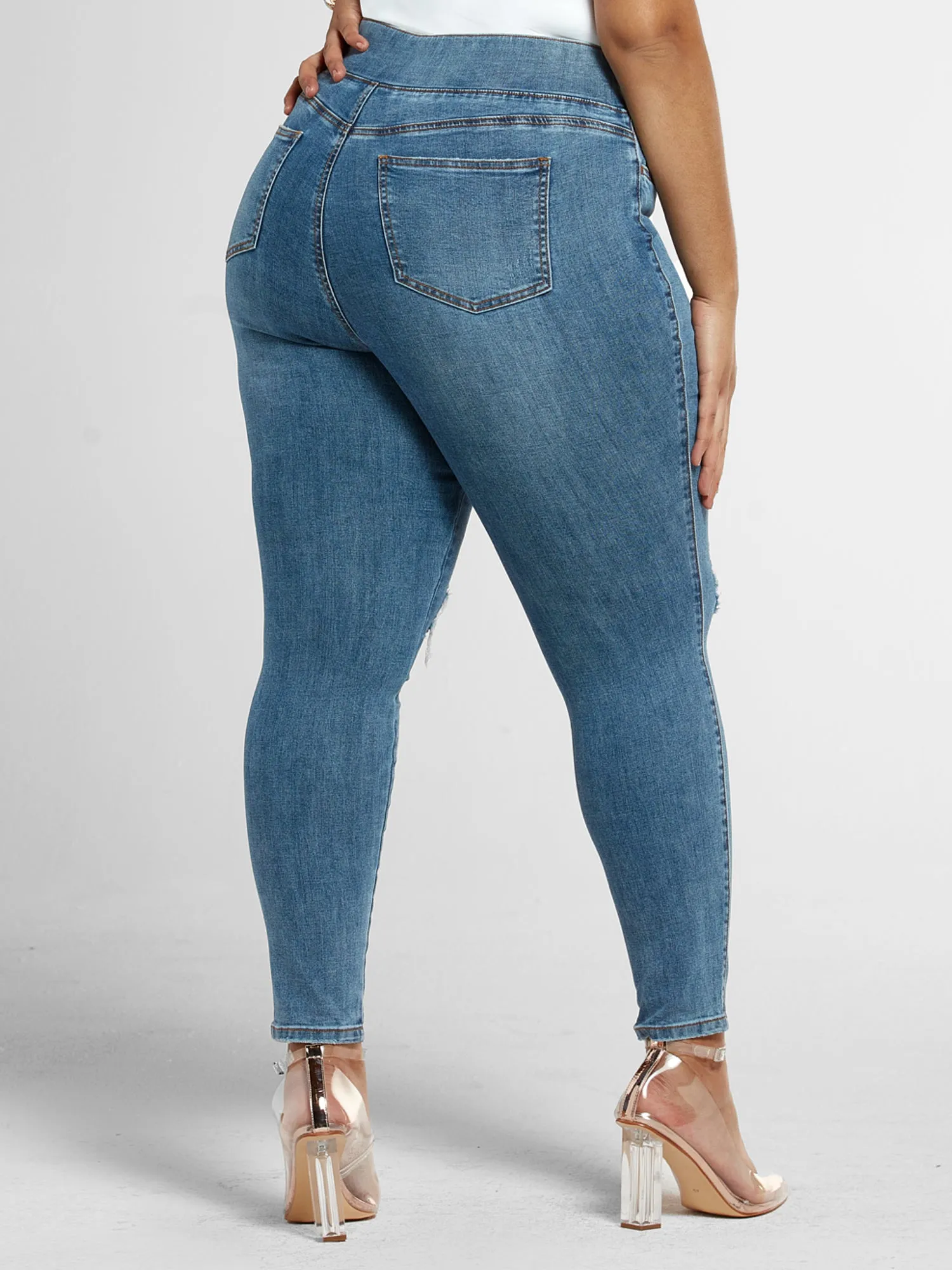 Blowout Knee Jeggings in Medium Blue Wash - Short Inseam in Medium Blue Wash
