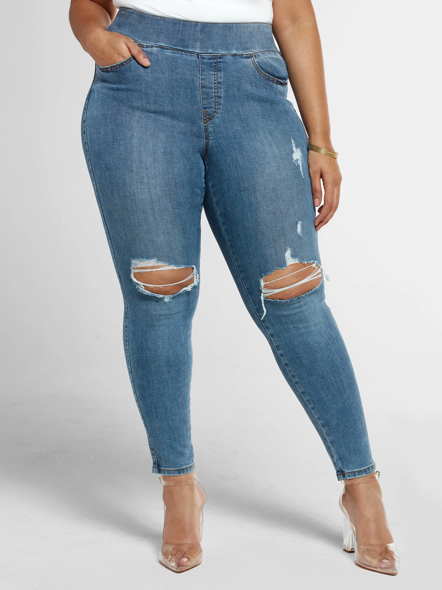 Blowout Knee Jeggings in Medium Blue Wash - Short Inseam in Medium Blue Wash
