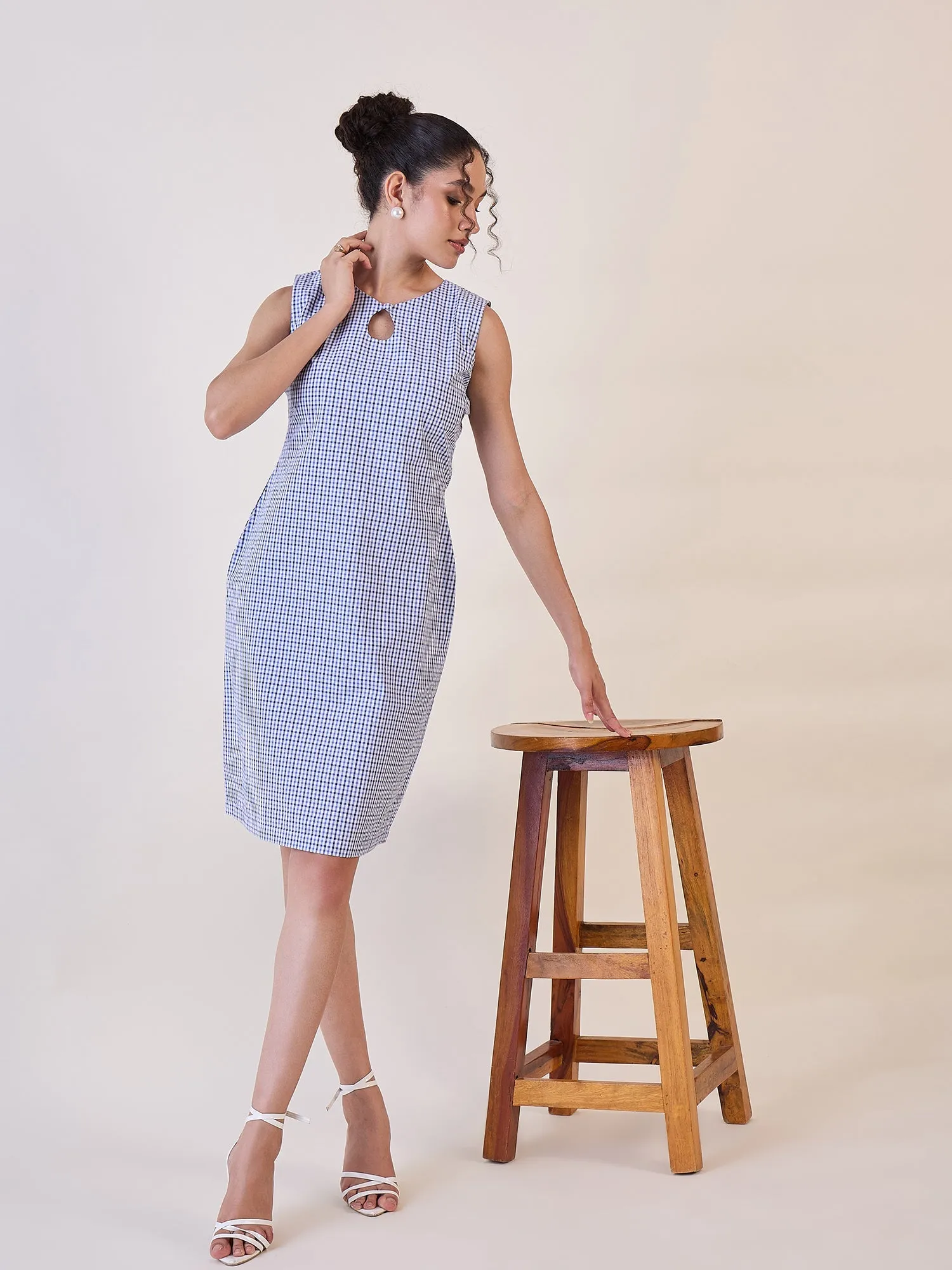 Blue & White Gingham Check Cotton Shift Dress
