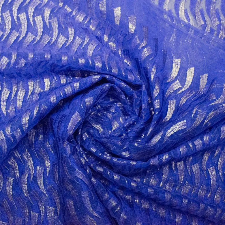 Blue With Golden Thread Embroidery On Net Fabric